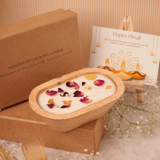 ESG Gifts Wooden Dough Bowl Scented Candle in Eco Friendly Sustainable Diwali Corporate Gift Box