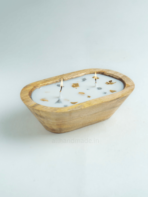 Gilded Aura Wooden Dough Bowl Candle