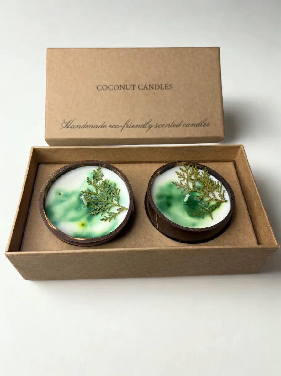 Handmade Coconut Shell Candle Gift Set – Cedar Scented Eco Friendly Candles (Set of 2)