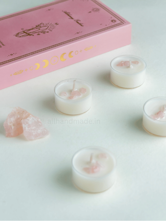 Rose Quartz Crystal Tealight Candle Set