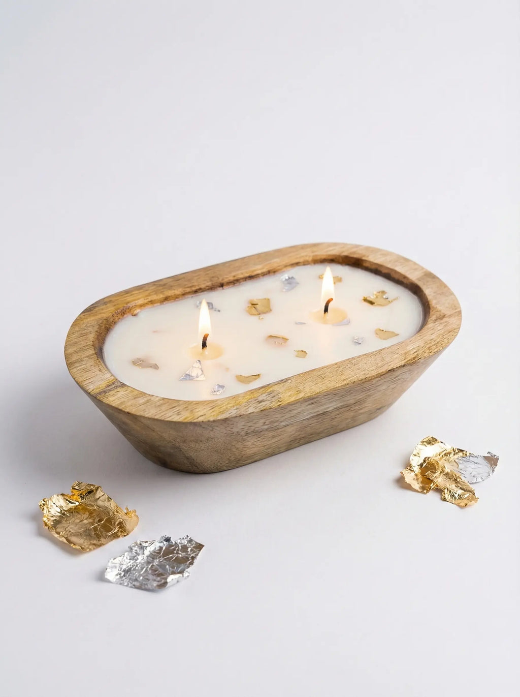 Gilded Aura Wooden Dough Bowl Candle