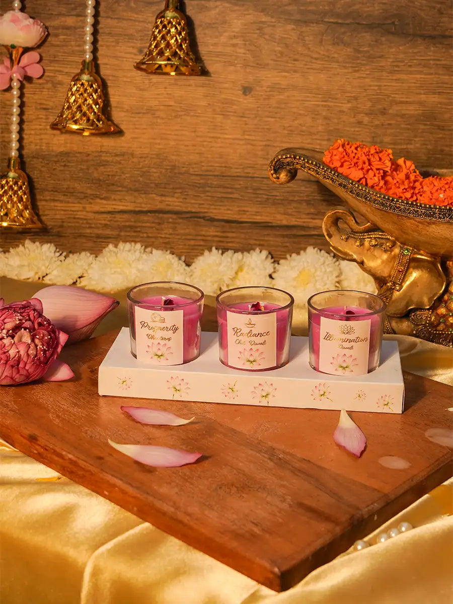 Diwali Gift Set of 3 Shot Glass Scented Candles in Acrylic Box Secondary image