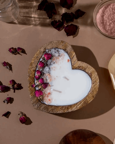Romantic Rose &amp; Salt Heart-Shaped Wooden Candle