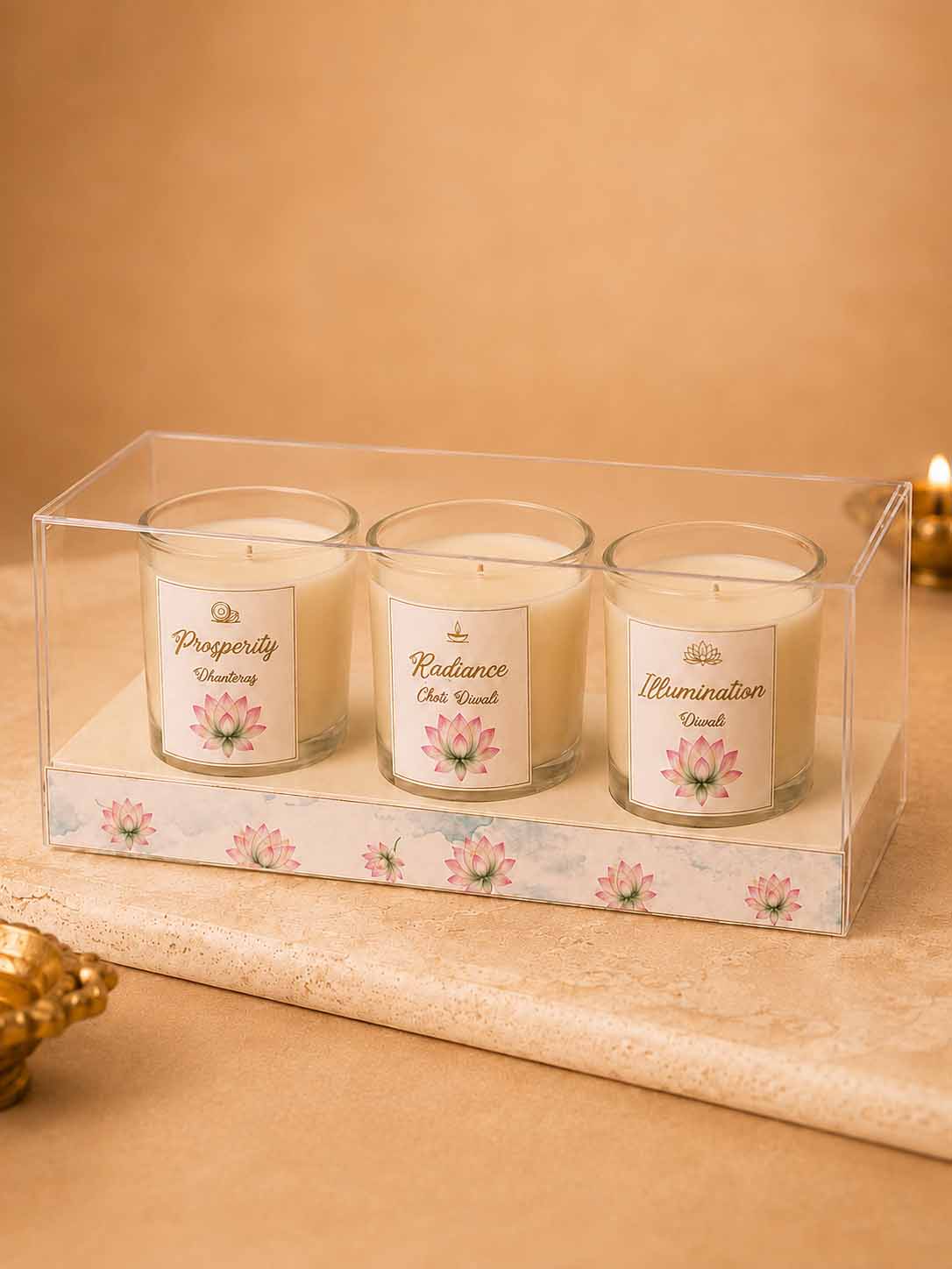 Diwali Gift Set of 3 Shot Glass Scented Candles in Acrylic Box Main image
