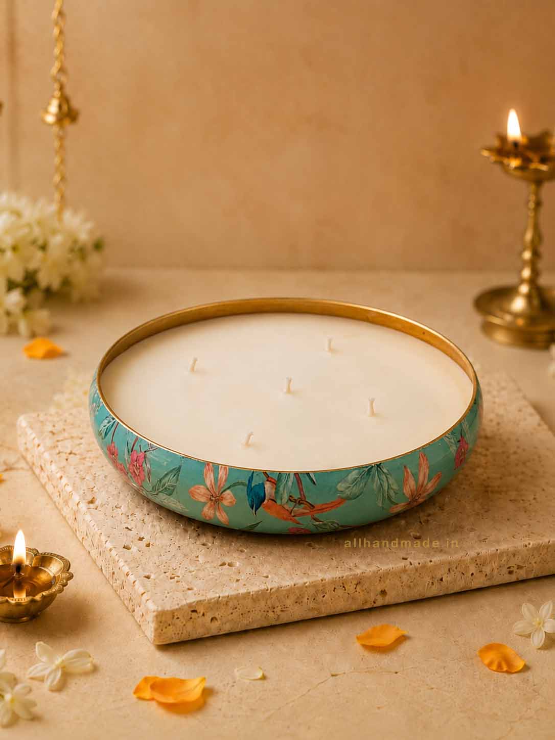 Aqua Blue Floral Printed Urli Candle Main image