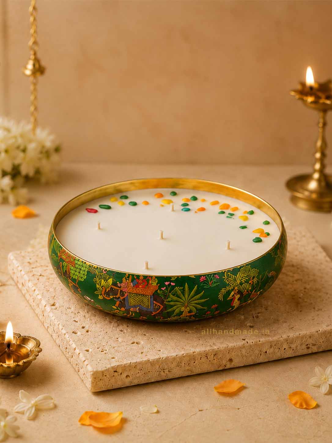 Meadow Green Printed Urli Candle