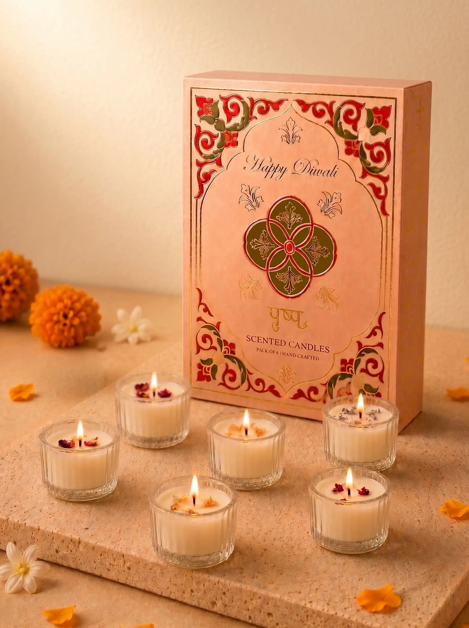 Pushp Set of 6 Scented Floral Candles in Diwali Gift Box Main image