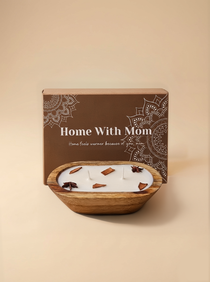 Home With Mom dough bowl candle gift with cinnamon and star anise decor in gift box