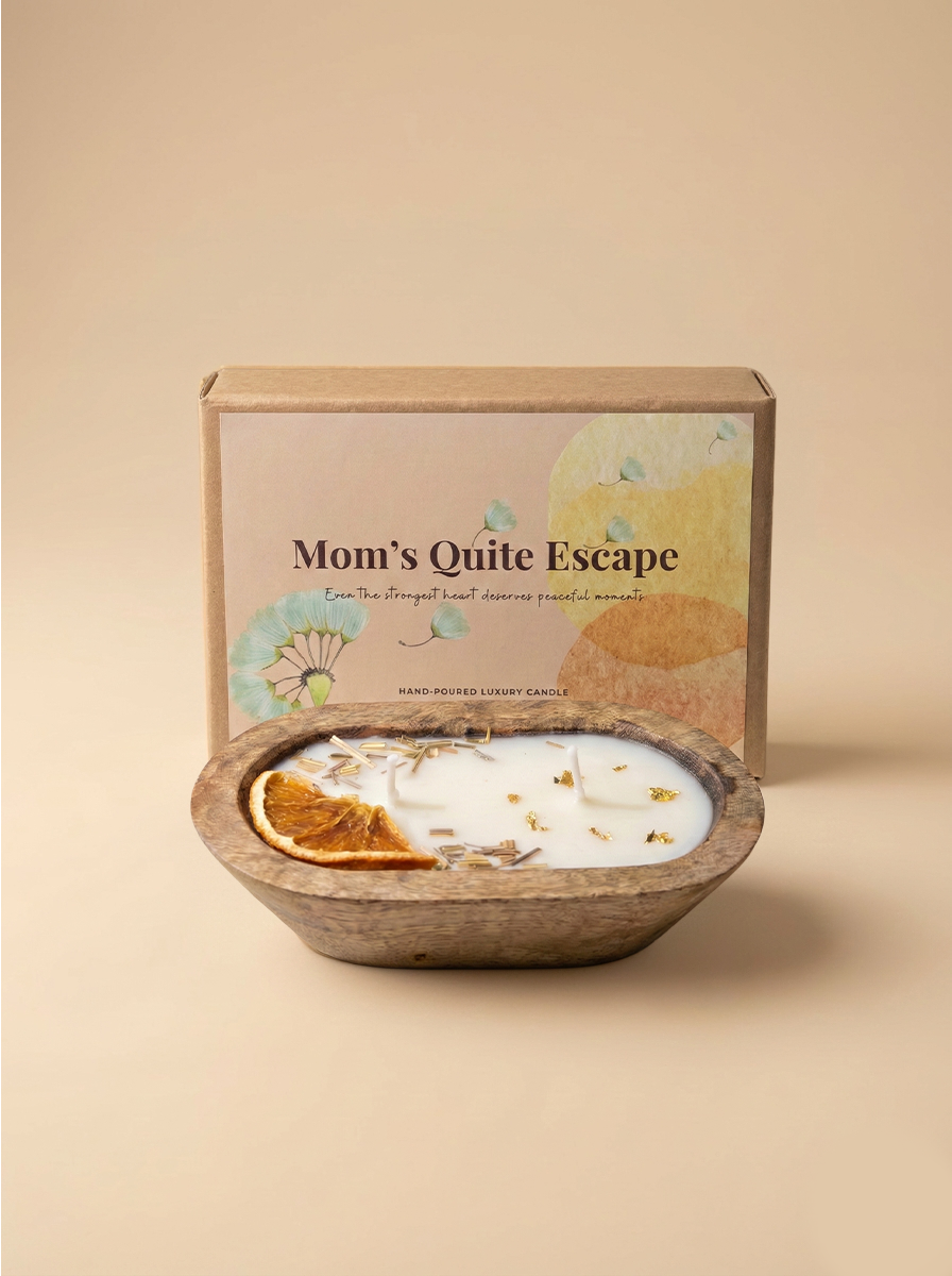 Mom’s Quiet Escape dough bowl candle gift with dried orange decor and Mother’s Day gift box