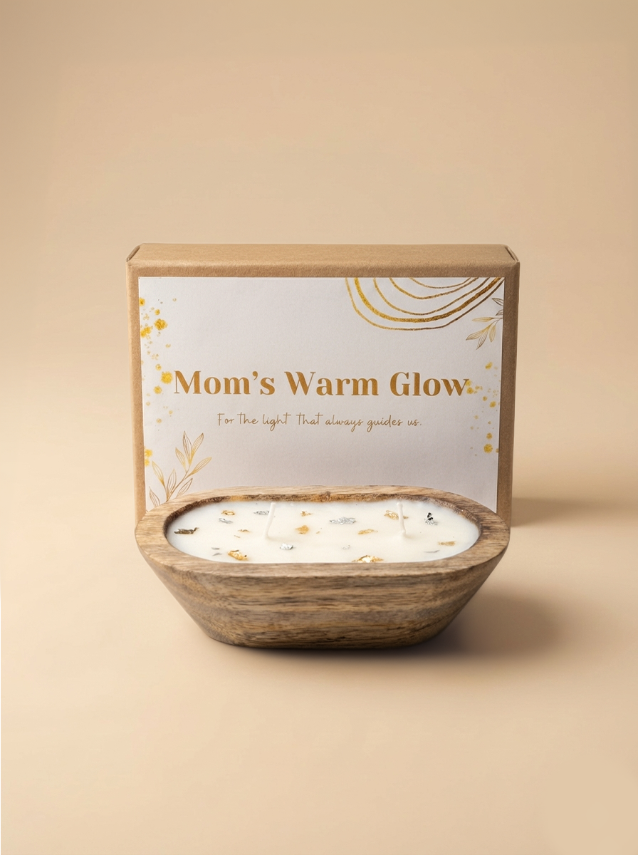 Mom’s Warm Glow dough bowl candle gift with gold and silver decor in Mother’s Day gift box
