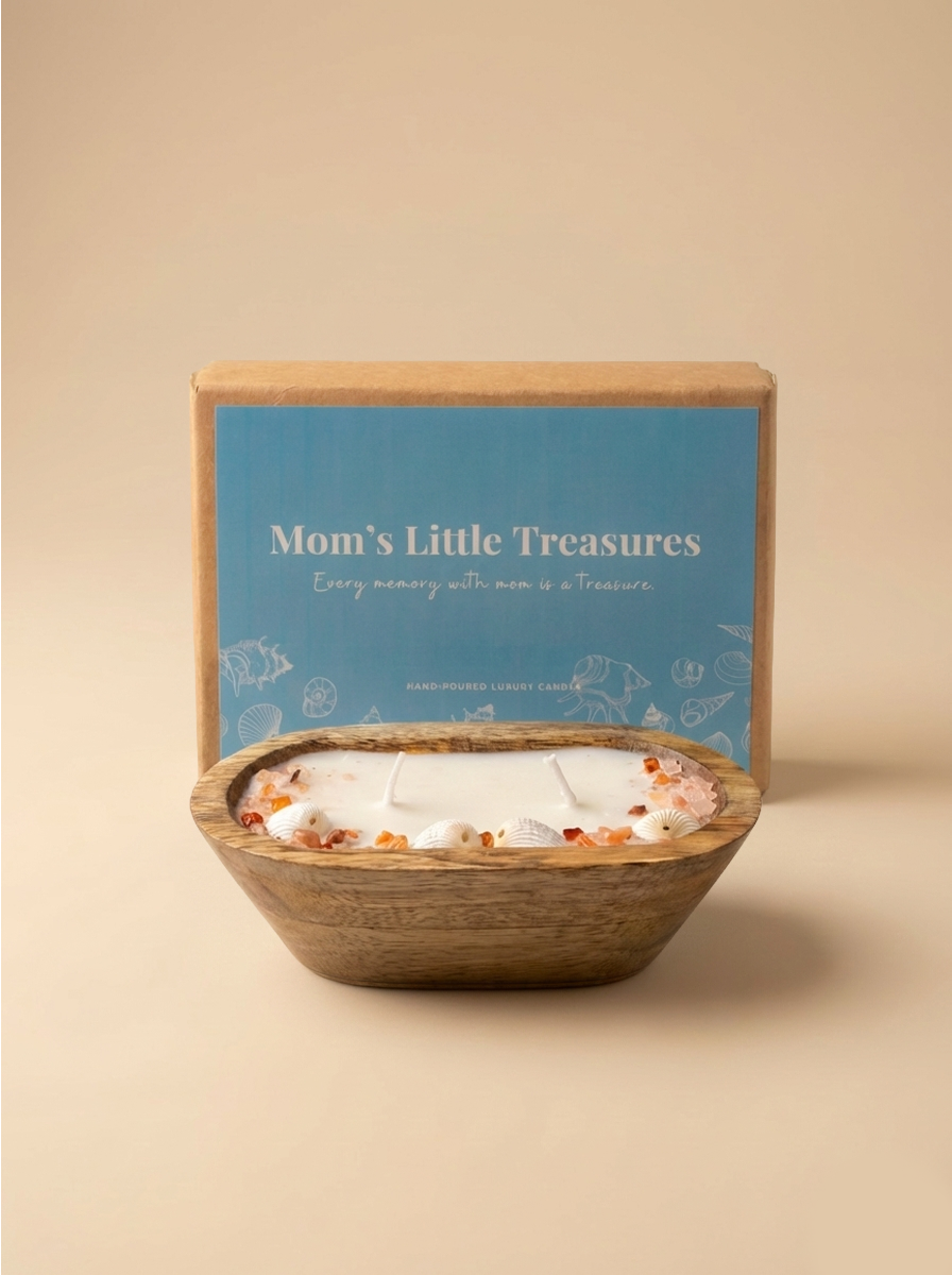 Mother’s Day dough bowl candle gift with seashell decor and Mom’s Little Treasures gift box