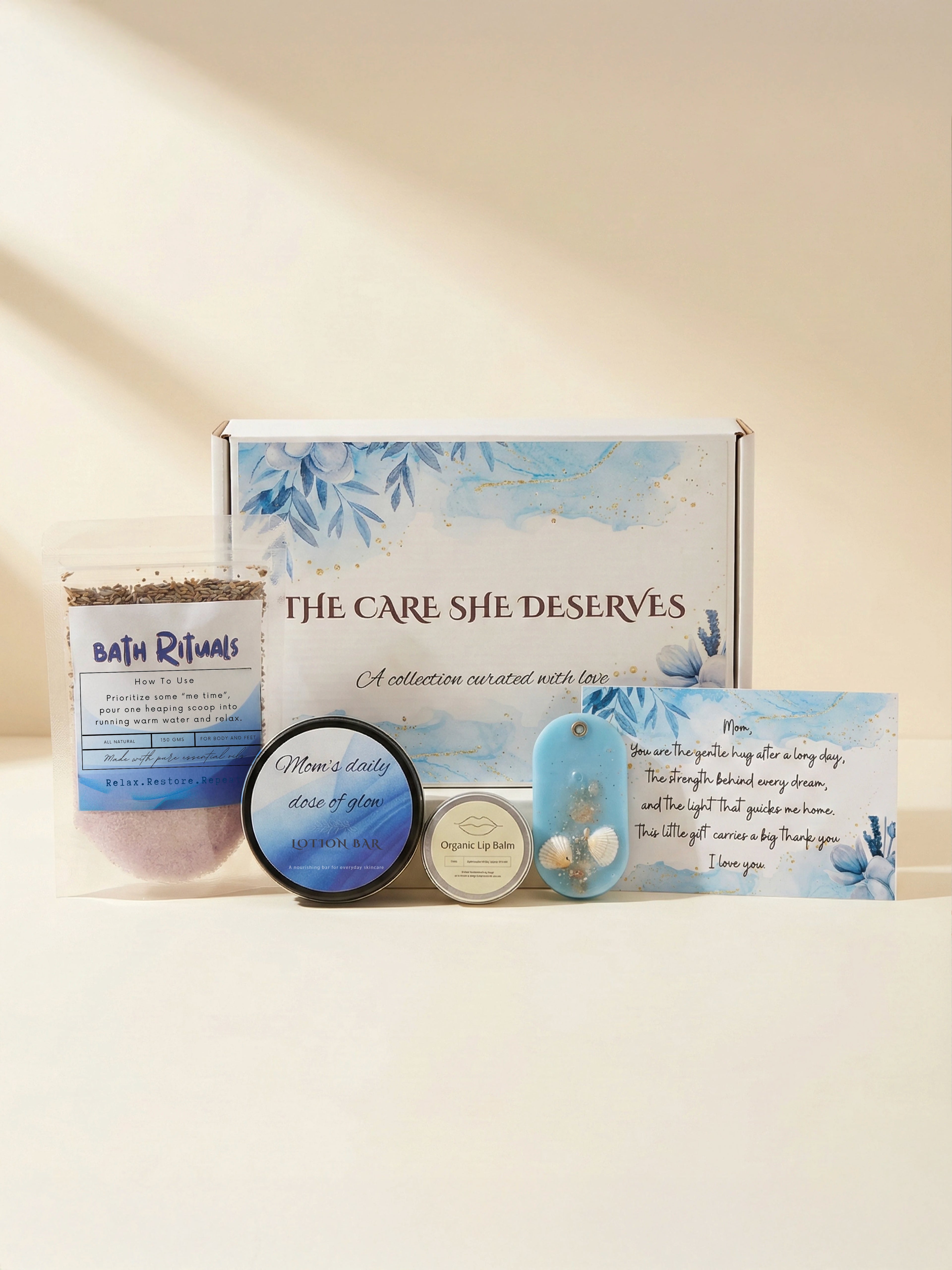Mother’s Day self care spa gift box with bath salt, lotion bar and organic lip balm