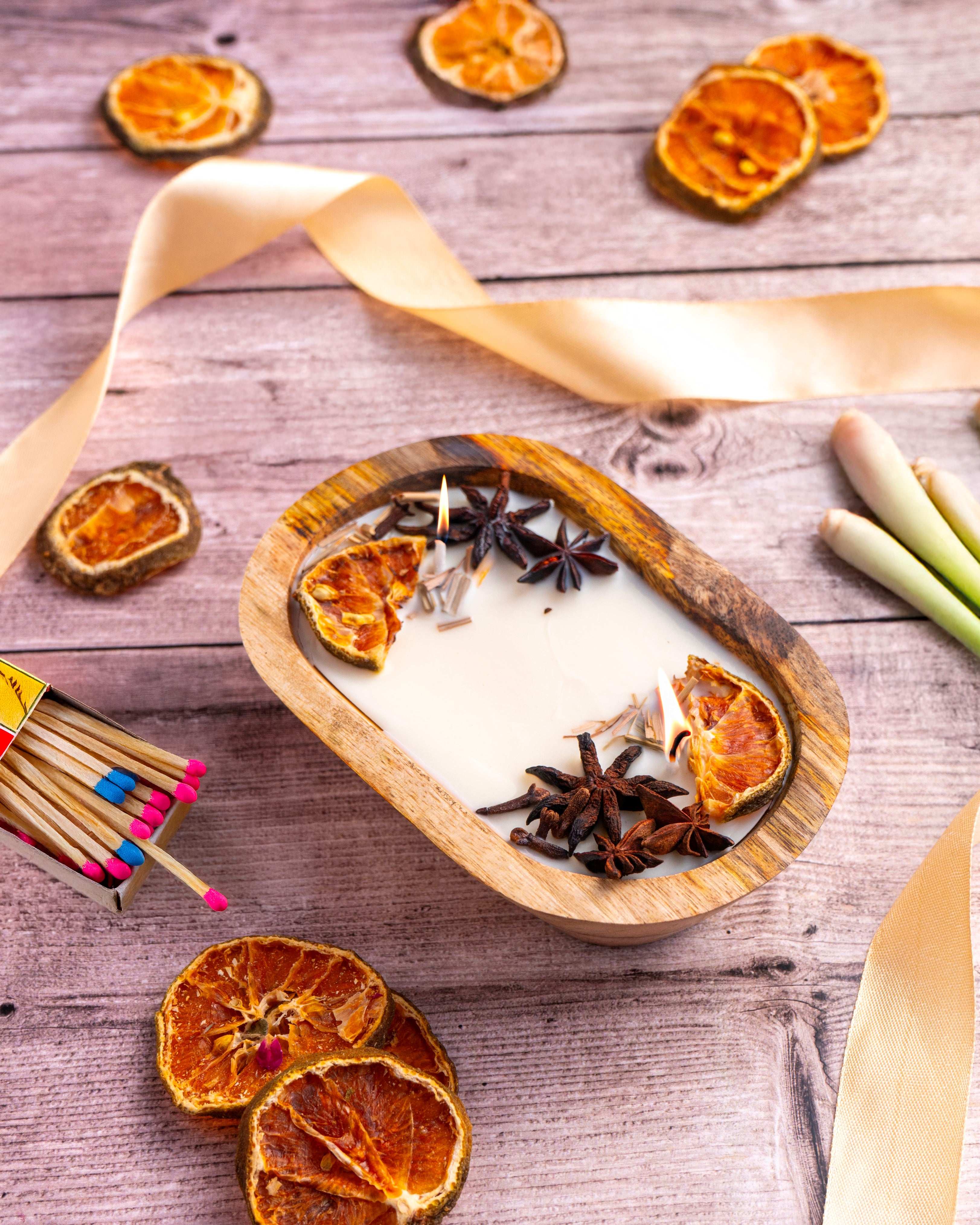 Orange & Star Anise Wooden Bowl Candle