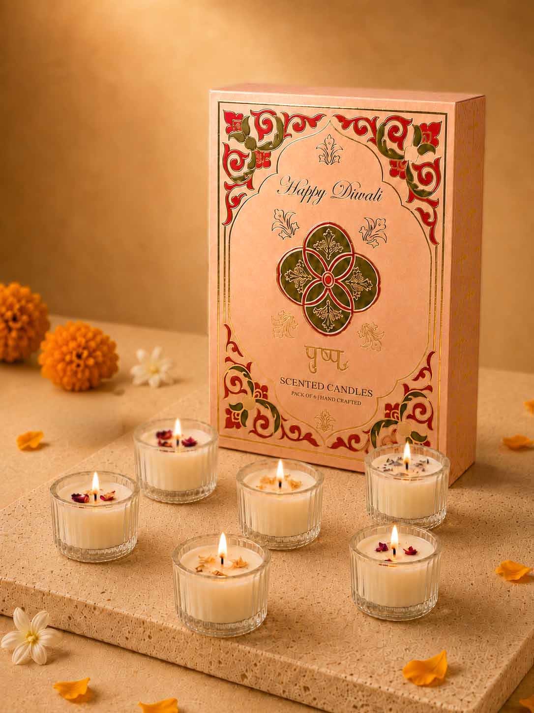 Pushp Set of 6 Scented Floral Candles in Diwali Gift Box Main image