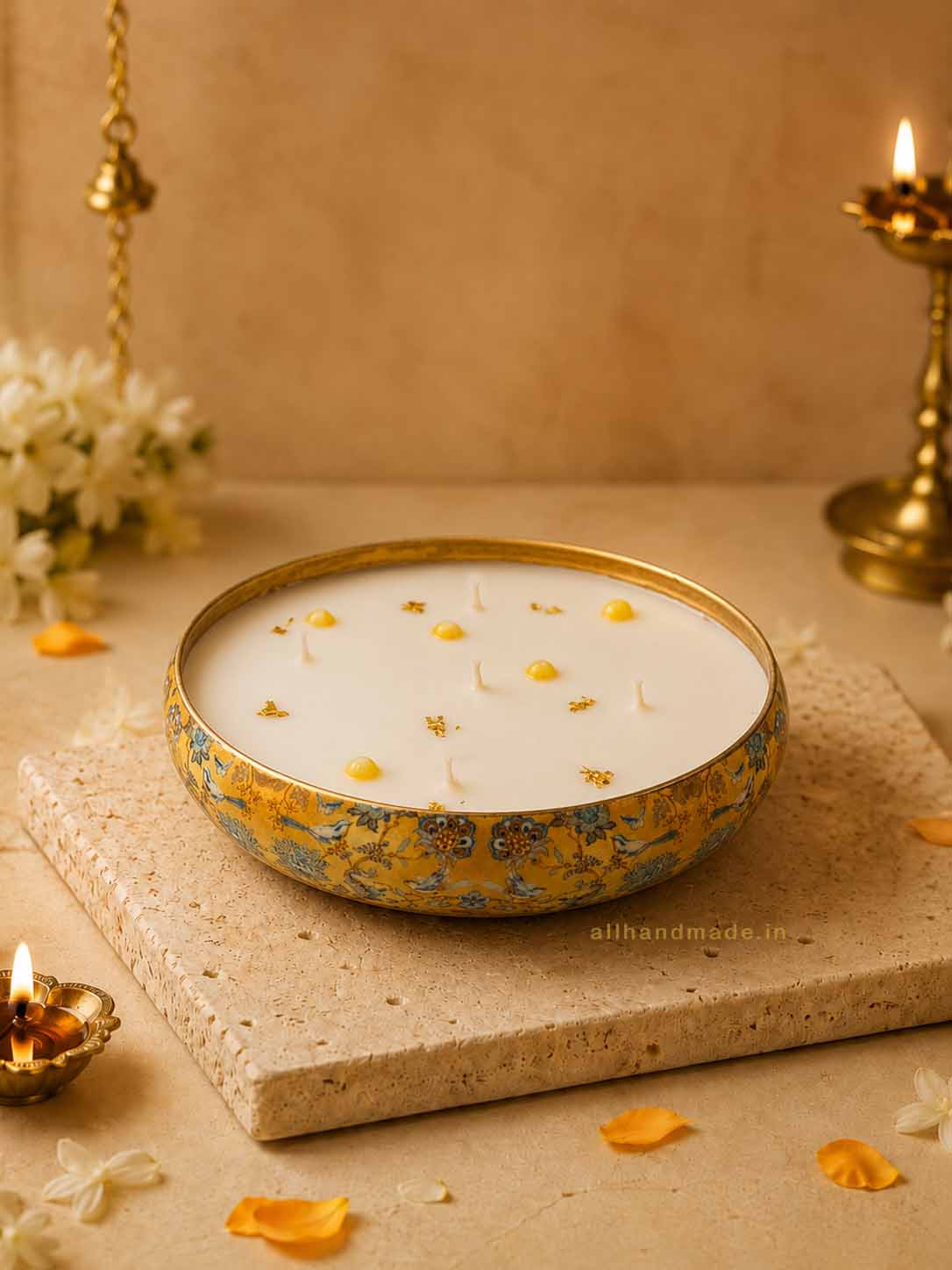 Regal Yellow Blue Printed Urli Candle Main image